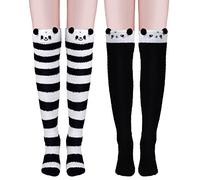 Boyiee 2 Paire Cute Panda Thigh High Socks Striped Knee High Socks Coral Fleece Fluffy Socks Womens Animal Thermal Warm Soft over the Knee Socks for Women's and Girl's Winter