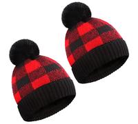 Boyiee 2 Pieces Christmas Red and Black Winter Buffalo Plaid Cuff Beanie Hat Christmas Warm Soft Stretch Pom Pom Hat Thick Chunky Knit Skull Ski Cap for Women Men