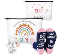 Boyiee 3 Pcs 1975 50th Birthday Gifts for Women Year Old Birthday Gifts Cosmetic Bags Inspirational Keychain and Made in 1975 Socks Funny 50th Present Ideas for Women Girls