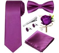 Boyiee 7 Pcs Bow Ties Set for Men Formal Satin Tied Bow Tie Boutonniere Gift for Wedding Men Prom(Purple Color)