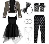 Boyiee 7 Piece 80s Costume for Women with Jacket Tutu Halloween Set | Polyester Blend, Lace Details, Leopard Trim, Retro Punk Styling, Four Size Options, Suitable for Party Concert and Festival