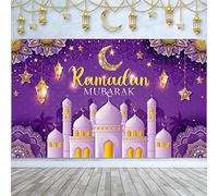 Boyiee Ramadan Mubarak Decorations Backdrop Banner Muslim Ramadan Kareem Background Eid Mubarak Sign Photo Booth Backdrop Background for Home Muslim Ramadan Eid Al Fitr Party Supplies (Purple)