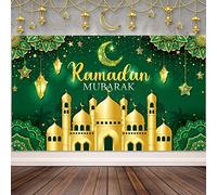 Boyiee Ramadan Mubarak Decorations Backdrop Banner Muslim Ramadan Kareem Background Eid Mubarak Sign Photo Booth Backdrop Background for Home Muslim Eid Al Fitr Party Supplies(Green)
