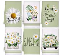 Boyiee Set of 6 Daisy Kitchen Towels Spring Floral Gnome Dishtowels Flower Rustic Tea Towels Absorbent Forest Green Hand Wash Cloth 24"x16" for Farmhouse Kitchen Bathroom Housewarming Gift