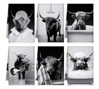 Boyiee Set of 6 Highland Cattle Kitchen Towels Funny Black and White Bathroom Cow Towels Absorbent 24 x 16 Inches Cute Bull Tea Hand Tea Washcloth Gifts for Farmhouse Bathroom Kitchen Decorations