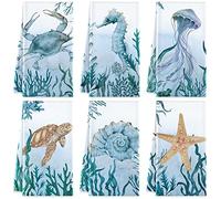 Boyiee Set of 6 Summer Beach Animal Dish & Hand Towels - Nautical 24 x 16 Inch Kitchen & Bathroom Gifts - Turtle, Jellyfish, Seahorse
