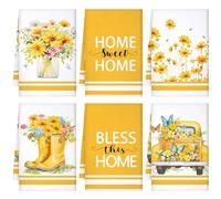 Boyiee Set of 6 Yellow Flower Kitchen Towel, Decorative Floral Tea Hand Towel, 24 x 16 Inch Absorbent Reusable Housewarming Gift for Farmhouse Kitchen Bathroom Decoration