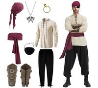 BOYIFEIJIE Pirate Costume Set, 8 Pieces Medieval Clothing Men, Medieval Clothing Men, Viking Pirate Set Fancy Dress Costumes for Carnival, Halloween and Cosplay Parties