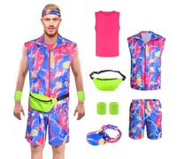 Boyigog 80s Workout Costume Set-6Pcs with Tank Top Neon Wristband Sun Hat Waist Pack, Halloween Carnivals Theme Party 80s 90s Fancy Workout Cosplay Costume for Adults Men Women-Blue Style(M)