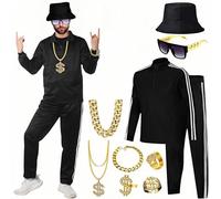 Boyigog 90s Rapper Men's Costume 80s 90s Hip Hop Black Costume with Fisherman Hat Rings Necklace Bracelet, Hip Hop Rapper Adults Fancy Dress Costumes for Halloween Carnivals Rap Concerts Party (XL)