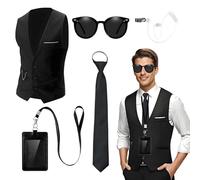 Boyigog Agent Costume Men Halloween Agent Outfit with Waistcoat Sunglasses Tie, Chauffeur Guard Cosplay Accessory, Halloween Carnival Party Agent Men Cosplay Costume Party for Adults