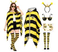 Boyigog Bee Costume Adults 5Pcs Women Halloween Bee Outfit Bees Hooded Cape Jacket Sunglasses Headband Striped Socks Bee Fancy Dress Costume for Halloween Cosplay Dress Up Party