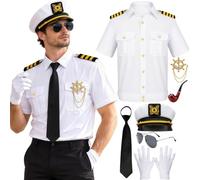 Boyigog Captain Sailor Costume Men, Halloween White Captain Costume-8Pcs with Captains White Jacket Hat Gloves Boat Captains Themed Cosplay Party Halloween Carnival Adult Costume (L)