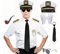 Boyigog Captain Sailor Costume Men, Halloween White Captain Costume-8Pcs with Captains White Jacket Hat Gloves Boat Captains Themed Cosplay Party Halloween Carnival Adult Costume (XXL)