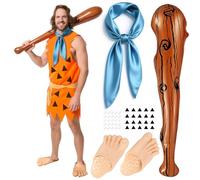 Boyigog Caveman Costume Stone Age Man for Adults with Satin Blue Square Scarf, Foot Cover, Balloon Stick, Sticker, Caveman Costumes for Halloween, Carnival, Cosplay Party