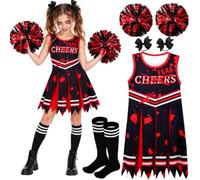 Boyigog Cheerleader Horror Costume Kids Halloween Black Cheerleader Kids Uniform 4Pcs with Pompom Bows Headband Socks, Cheerleaders Girls Costume for Halloween carnival party