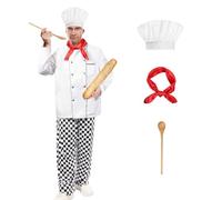 Boyigog Chef Costume Men's Halloween Kitchen Chef Jacket with Black and White Checked Trousers Hat Scarf Spoon Fancy Dress Chef Costume Men for Halloween Carnival Fancy Dress Cosplay Party (L)