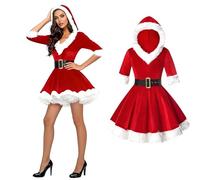 Boyigog Christmas Green Monster Cosplay Costume Women Plush Monster Christmas Dresses Hooded Overskirt Belt Plush Gloves Leg Warmers Hair Clip Santa Cosplay Costume (Red-Green, M)