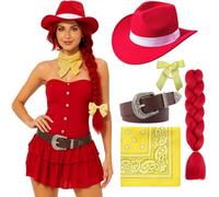 Boyigog Cowboy Costume Women Cowboy Outfit Accessories Set 5Pcs with Red Hat Belt Braid Hair Bands Square Scarf, Halloween Cowgirl Fancy Dress for Halloween Carnival Cosplay Party