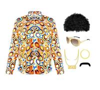 Boyigog Disco Costume Mens, 70s Disco Outfit Set with Print Shirt Wig Sunglasses Necklace Bracelet Beard, 70s Hippie Fancy Dress Costume for Halloween Carnival Discos Themed Party (M)