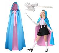 Boyigog Godmother Costume, Fairy Cloak Costume Accessories with Blue-Pink Hooded Cloak, Gloves, Magic Wand for Halloween Masquerade Carnival Cosplay Godmother Costumes Adult Women