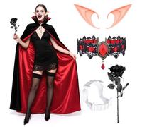 Boyigog Halloween Vampire Costume 5Pcs Gothic Vampire Cape Black-Red Necklace Elf Ears Rose Vampire Teeth, Halloween Carnival Cosplay Vampires Cloak Costume for Adults