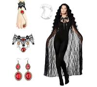 Boyigog Halloween Witch Costume Women Black Lace Cloak with Hooded-6Pcs, Vampire Gothic Short Sheer Cape Necklace Earring Bracelet Tattoo Stickers, Halloween Carnival Cosplay Witch Costume