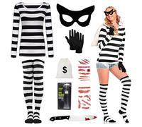 Boyigog Horror Robber Women's Costume for Adults Halloween Thief Outfits, Black and White Striped Top Socks, Gloves, Eye Patch Bag, Horror Robber Cosplay Women's Costume for Halloween Carnival
