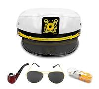 Boyigog Men Captain Hat Set-4Pcs with Glasses Whistl, Anchor Skippers Cap for Club Pub Party Carnivals Halloween Fancy Dress Costume Accessory