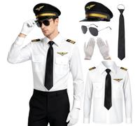 Boyigog Pilot Costume Adults Captain Uniform Pilot Shirt Fancy Dress Accessories with Hat Sunglasses Tie Gloves, Halloween Carnival Cosplay Captain Outfit Theme Party (XL)