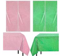 Boyigog Pink Green Party Decoration Tablecloth Set, Lovely Birthday Party Table Covers 54 x 107 IN, Plastic Shimmer Shiny Laser Tablecloths Dining Picnic for Party Supplies (4Pcs(2Pink+2Green))