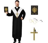 Boyigog Priest Pope Costume Men's Halloween Vicar Outfit 4 Pieces Priest Fancy Dress Priest Robe with Glasses for Halloween Carnival Cosplay Party