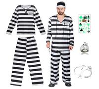 Boyigog Prison Costume Men Prisoner Outfit Black-White Striped T-Shirt Prison Uniform with Trousers Robbers Men Fancy Dress Adult Costumes for Halloween Cosplay Carnival