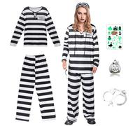 Boyigog Prison Costume Prisoner Outfit Black-White Striped T-Shirt Prison Uniform with Trousers Robbers Fancy Dress Adult Women Costumes for Halloween Cosplay Carnival