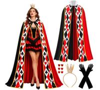 Boyigog Queen Costume Hearts 4Pcs Halloween Queens Cloak Adult Costume with Red Hearts Cape, Gloves Hairbands Earrings, Queens Women Costumes for Halloween Carnival Cosplay Party