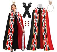 Boyigog Queen Costume Hearts 4Pcs, Queens Adult Costume with Red Hearts Cape, Gloves, Hairbands, Earrings, Queens Women Costumes for Carnival Halloween Cosplay Party