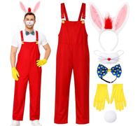 Boyigog Rabbit Men Costume Halloween Rabbits Fancy Dress Outfit 6Pcs with Rabbit Adults Bib Trousers Hairband Bow Tie Nose Gloves, Bunny Men Fancy Dress for Halloween Carnival Cosplay Party