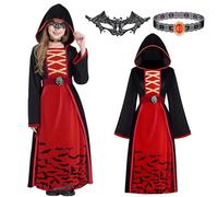 Boyigog Vampire Costume for Girls Halloween Vampire Hood Gothic Dress Costume with Necklace Mask, Vampirs Queen Girls Outfit for Halloween Carnival Cosplay (130)