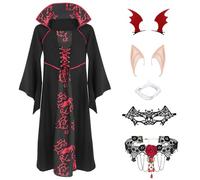 Boyigog Vampire Costume Girls Halloween Vampire Gothic Dress Cosplay Gothic Queen Costume for Girls with Necklace Mask Hair Clip for Halloween Carnival Fancy Dress Cosplay (150)