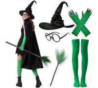 Boyigog Witch Costume Women for Adults with Black Cape, Witch Hat Gloves Socks Broom Handle Wand Witch Costume Women's Set for Halloween Carnival Cosplay Costume Parties (Green, 6 Pieces)
