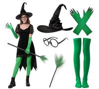 Boyigog Witch Costume Women with Witch Gloves Hat Socks Broomstick, Halloween Witches Fancy Dress Outfit Women for Halloween Masquerade Carnival Cosplay
