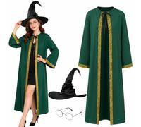Boyigog Wizard Professor Costume Mc Magic Witch Cape Costume 3Pcs with Cloak, Hat and Glasses Women Witch Fancy Dress Outfit for Halloween Cosplay Party Outfit