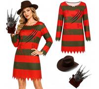 Boyigog Women Serial Killer Halloween Fancy Dress Costume 3PCS Stripes Dress Explorer Hat Scary Claws Adult Horror Outfit for Halloween Fancy Dress Parties