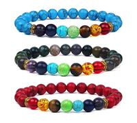 BOYODER 8mm Agate Stone and Turquoise 7 Chakras Elastic Beads Bracelet for Women Men Natural Stone Yoga Stretch Bracelet Bangle(3Pcs)