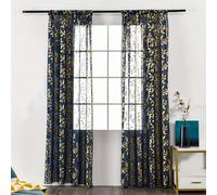 BOYOUTH Gold Foil Leaf Pattern Sheer Voile Curtains for Window Decorations,Rod Pocket Curtains and Drapes for Bedroom,Study,Living Room,Navy Blue,52 by 63 Inches,2 Panels