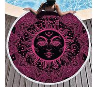 BOYOUTH Round Beach Towel,Bohemian Style Purple Moon Stars and Sun Pattern Printing Black Beach Mat with Tassels Ultra Soft Super Water Absorbent Multi-Purpose Towel,59 inch-Diameter