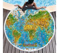 BOYOUTH Round Beach Towel,Distribution of Animals on the World Map Pattern Printing Beach Mat with Tassels Ultra Soft Super Water Absorbent Multi-Purpose Towel,59 inch-Diameter