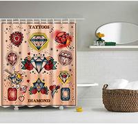 BOYOUTH Various Tattoos Diamond Pattern Digital Print Shower Curtains for Bathroom Decor,Polyester Waterproof Fabric Bath Curtain with 12 Hooks,70x70 Inches,Multicolor