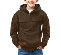 Boys 1/4 Zip Cargo Hooded Sweatshirt Oversized Jumper Pullover Tween Boy Long Sleeve Hoodie Tactical Sweatshirt with Multiple Pockets for Workout Gym Athletic Outdoor Outerwear (Brown, 14-15 Years)