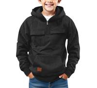Boys 1/4 Zip Cargo Hooded Sweatshirt Oversized Jumper Pullover Tween Boy Long Sleeve Hoodie Tactical Sweatshirt with Multiple Pockets for Workout Gym Athletic Outdoor Outerwear (Black, 14-15 Years)